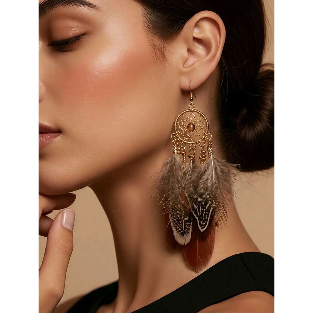 Dreamcatcher Feather Tassel Earrings | Vintage Boho Tiger’s Eye Dangles Brown